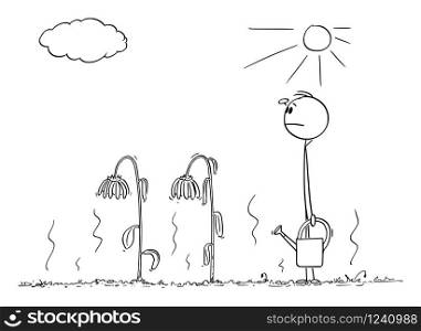 Vector cartoon stick figure drawing conceptual illustration of man or gardener with watering can on garden with dried up plants looking at sky for rain.. Vector Cartoon Illustration of Gardener With Watering Can on Garden With Dried up Plants Looking For Rain.