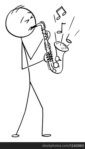 Vector cartoon stick figure drawing conceptual illustration of man or musician playing music on saxophone.. Vector Cartoon Illustration of Man or Musician Playing Music on Saxophone