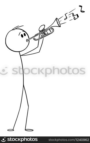 Vector cartoon stick figure drawing conceptual illustration of man or musician playing music on trumpet.. Vector Cartoon Illustration of Man or Musician Playing Music on Trumpet