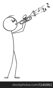 Vector cartoon stick figure drawing conceptual illustration of man or musician playing music on trumpet.. Vector Cartoon Illustration of Man or Musician Playing Music on Trumpet