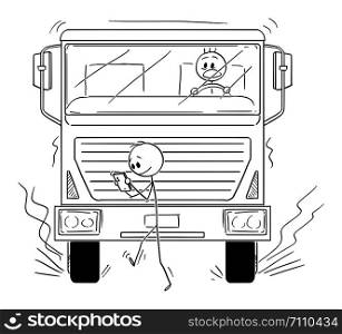 Vector cartoon stick figure drawing conceptual illustration of man or pedestrian using mobile phone on the street and ignoring approaching truck.. Vector Cartoon of Man Using Mobile Phone on Street and Ignoring the Approaching Truck