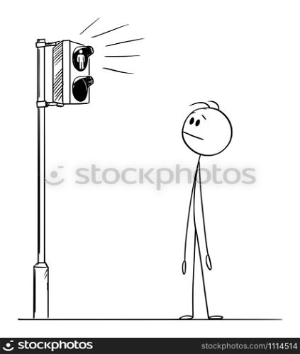 Vector cartoon stick figure drawing conceptual illustration of man or pedestrian waiting for green light on street traffic light on crossing.. Vector Cartoon Illustration of Man or Pedestrian Waiting For Green Light on Street Traffic Light