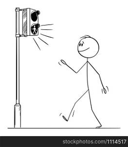 Vector cartoon stick figure drawing conceptual illustration of man or pedestrian walking on crossing because green light on street traffic light is on.. Vector Cartoon Illustration of Man or Pedestrian Walking on Crossing Because Green Light on Street Traffic Light is On