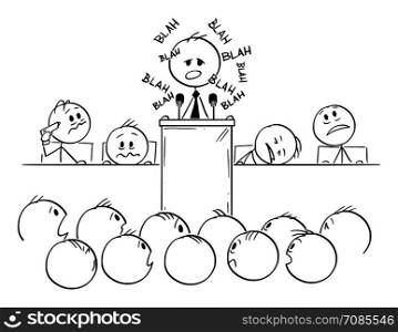 Vector cartoon stick figure drawing conceptual illustration of man or politician speaking or having boring speech on podium or behind lectern and saying blah.. Vector Cartoon of Boring Man or Politician Speaking Blah or Having Speech on Podium or Behind Lectern