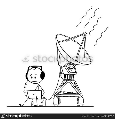 Vector cartoon stick figure drawing conceptual illustration of man or scientist watching and hearing alien space signal from NASA SETI antenna.. Vector Cartoon of Man or Scientist Hearing the Space Alien Signal From NASA SETI Antenna
