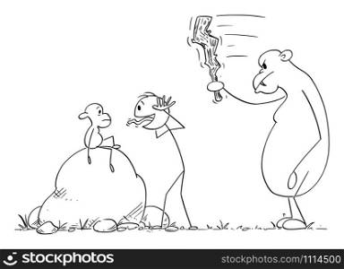 Vector cartoon stick figure drawing conceptual illustration of man or tourist badgering small ape or monkey, while big father or mother is going to hit him with club.. Vector Cartoon Illustration of Man or Tourist Badgering Small Ape or Monkey while Big Father or Mother is Going to Hit Him with Club