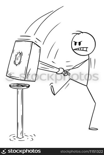 Vector cartoon stick figure drawing conceptual illustration of man or worker or carpenter with big hammer hitting the nail. Funny image.. Vector Cartoon Illustration of Man or Worker or Carpenter with Big Hammer Hitting the Nail