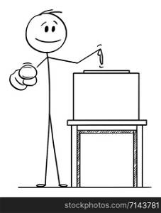 Vector cartoon stick figure drawing conceptual illustration of man pointing at voter or elector and on ballot box to inspire to vote in elections.. Vector Cartoon Illustration of Man Pointing at Voter or Elector and on Ballot Box to Inspire to Vote in Elections