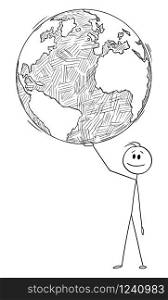 Vector cartoon stick figure drawing conceptual illustration of man, politicia or businessman holding Earth or world on hand.. Vector Cartoon Illustration of Man, Politician or Businessman Holding World or Earth on Hand