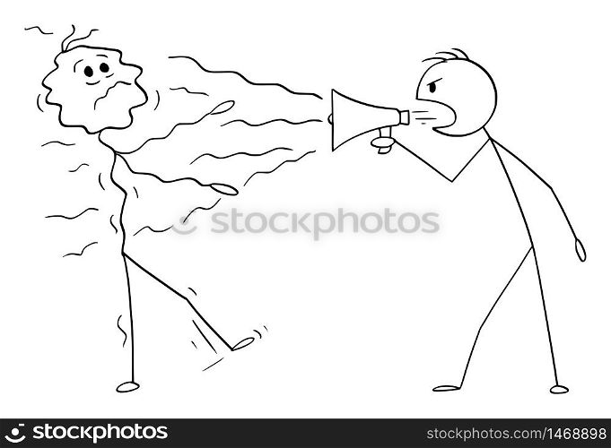 Vector cartoon stick figure drawing conceptual illustration of man, politician or businessman using loudspeaker or megaphone to shout on another man.. Vector Cartoon Illustration of Man, Politician or Businessman Using Megaphone or Loudspeaker to Shout on Another Man