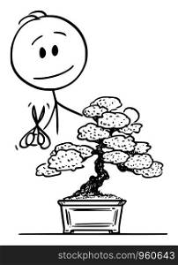 Vector cartoon stick figure drawing conceptual illustration of man pruning bonsai tree.. Vector Cartoon Illustration of Man Pruning Bonsai Tree