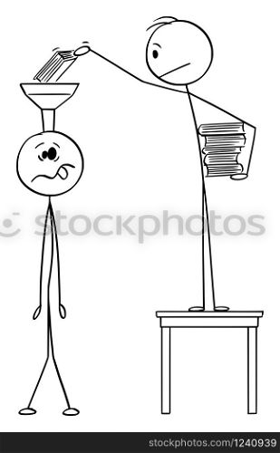 Vector cartoon stick figure drawing conceptual illustration of man putting books in to head or brain of ignorant or uneducated person.Concept of education.. Vector Cartoon Illustration of Man Putting Books in to Head or Brain of Uneducated or Ignorant Person. Concept of Education.