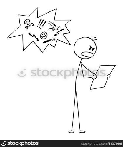 Vector cartoon stick figure drawing conceptual illustration of man reading document or newspapers and speaking profane or bad or foul language.. Vector Cartoon Illustration of Man Reading Document or Newspapers and Speaking Profane or Bad or Foul Language