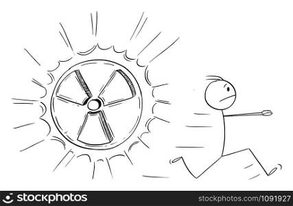 Vector cartoon stick figure drawing conceptual illustration of man running away in panic from nuclear energy or radiation symbol.. Vector Cartoon Illustration of Man Running Away in Panic From Nuclear Energy or Radiation Symbol