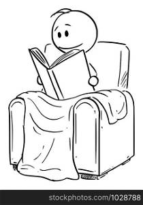 Vector cartoon stick figure drawing conceptual illustration of man siting under blanket in comfortable armchair or chair and reading the book.. Vector Cartoon Illustration of Man Siting Under Blanket in Comfortable Armchair or Chair and Reading the Book