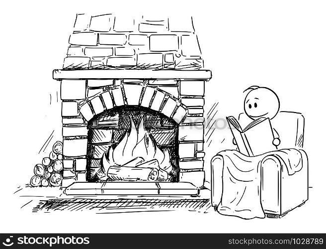 Vector cartoon stick figure drawing conceptual illustration of man siting under blanket in front of fireplace in comfortable armchair or chair and reading the book.. Vector Cartoon Illustration of Man Siting in Front of Fireplace in Comfortable Armchair or Chair and Reading the Book