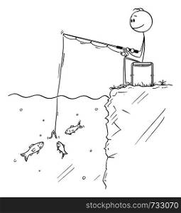 Vector cartoon stick figure drawing conceptual illustration of man sitting calmly near water and angling or fishing while several fish is looking at the bait.. Vector Cartoon of Man or Fisherman Sitting and Angling or Fishing while Several Small Fish Are Looking at the Bait