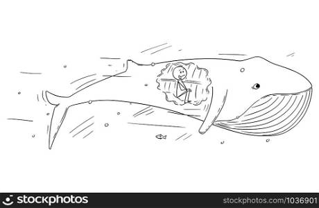 Vector cartoon stick figure drawing conceptual illustration of man sitting inside of the whale, biblical stroy of Jonas or Jonah and the whale.. Vector Cartoon Illustration of Man Sitting Inside of Whale, Biblical Story of Jonas or Jonah and the Whale