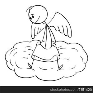 Vector cartoon stick figure drawing conceptual illustration of man sitting on cloud and watching down the world.. Vector Cartoon Illustration of Angel Sitting on Cloud and Watching Down the World