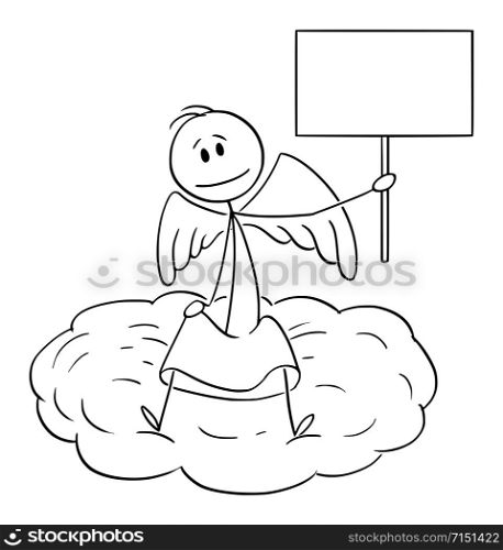 Vector cartoon stick figure drawing conceptual illustration of man sitting on cloud and holding empty sign.. Vector Cartoon Illustration of Angel Sitting on Cloud and Holding Empty Sign