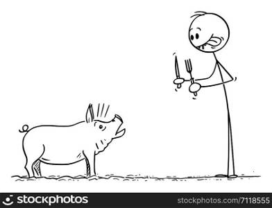 Vector cartoon stick figure drawing conceptual illustration of man smacking his lips while looking at terrified pig with fork and knife in hands.. Vector Cartoon of Man Smacking His Lips While Looking at Terrified Pig with Fork and Knife in Hands