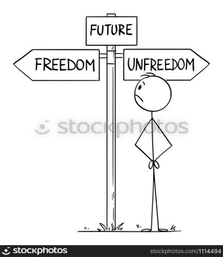Vector cartoon stick figure drawing conceptual illustration of man standing on crossroad representing human civilization or mankind choosing the future between freedom and unfreedom.. Vector Cartoon Illustration of Man Representing Human Civilization or Mankind Choosing the Future Between Freedom and Unfreedom