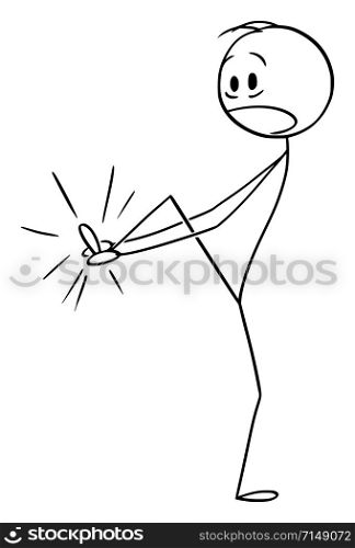 Vector cartoon stick figure drawing conceptual illustration of man suffering pain and holding his injured foot.. Vector Cartoon Illustration of Man Suffering Pain and Holding His Injured Foot