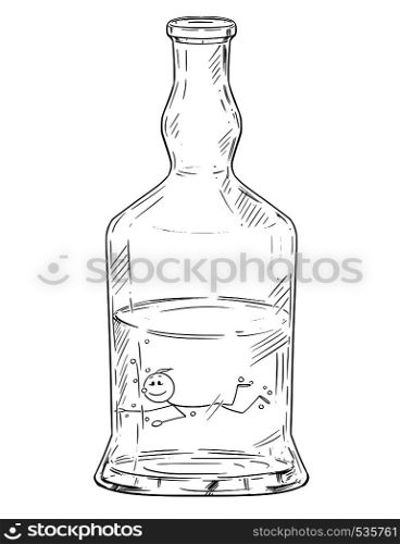 Vector cartoon stick figure drawing conceptual illustration of man swimming in hard liquor or spirits bottle. Metaphor of addiction and alcoholism.. Vector Cartoon of Man Swimming in Hard Liquor or Spirits Bottle. Alcoholism Metaphor