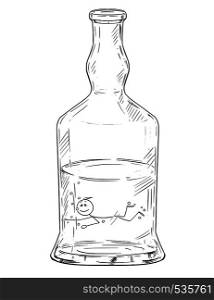 Vector cartoon stick figure drawing conceptual illustration of man swimming in hard liquor or spirits bottle. Metaphor of addiction and alcoholism.. Vector Cartoon of Man Swimming in Hard Liquor or Spirits Bottle. Alcoholism Metaphor
