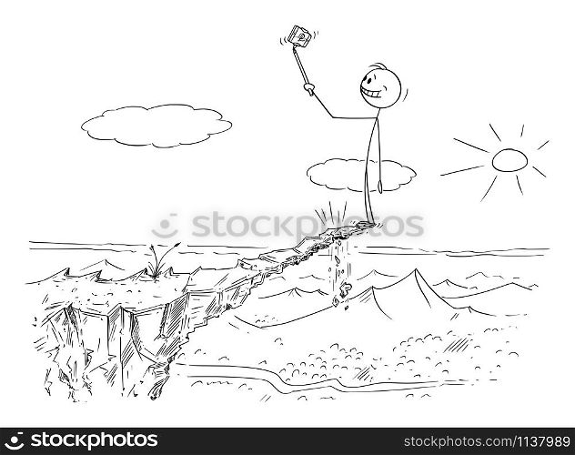 Vector cartoon stick figure drawing conceptual illustration of man taking dangerous photo selfie on unstable high rock risking his life, because he can fall down.. Vector Cartoon Illustration of Man Taking Dangerous Photo Selfie on Unstable High Rock Risking His Life.
