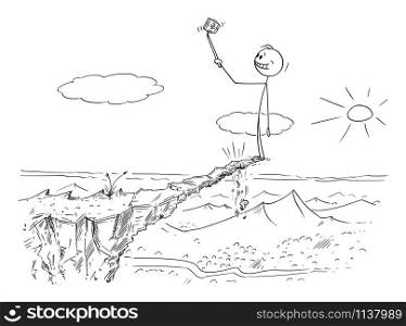 Vector cartoon stick figure drawing conceptual illustration of man taking dangerous photo selfie on unstable high rock risking his life, because he can fall down.. Vector Cartoon Illustration of Man Taking Dangerous Photo Selfie on Unstable High Rock Risking His Life.