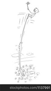 Vector cartoon stick figure drawing conceptual illustration of man taking dangerous photo selfie on high skyscraper modern building in city, because he can fall down.. Vector Cartoon Illustration of Man Taking Dangerous Photo Selfie on High Skyscraper Modern Building in City