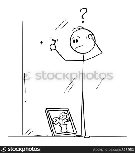 Vector cartoon stick figure drawing conceptual illustration of man thinking hard, how to use hook to hang painting of flowers in vase painted on canvas on wall in interior.. Vector Cartoon of Man Thinking How to Use Hook to Hang Flower Painting on Wall