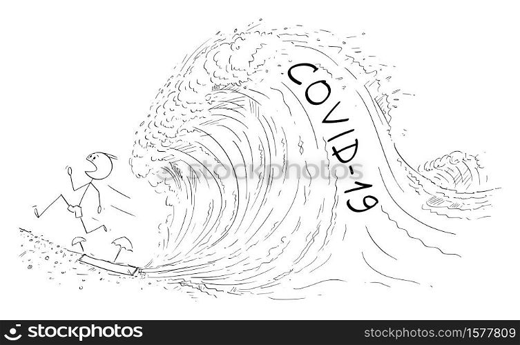 Vector cartoon stick figure drawing conceptual illustration of man, tourist or politician on the shore or beach running away in panic from second wave of coronavirus, covid-19 or SARS-CoV-2 virus. Pandemic concept.. Vector Cartoon Illustration of Man on Beach or Shore Running Away From Next Second Wave of Coronavirus or Covid-19 or SARS-CoV-2