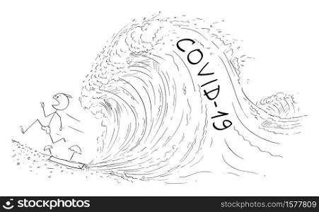 Vector cartoon stick figure drawing conceptual illustration of man, tourist or politician on the shore or beach running away in panic from second wave of coronavirus, covid-19 or SARS-CoV-2 virus. Pandemic concept.. Vector Cartoon Illustration of Man on Beach or Shore Running Away From Next Second Wave of Coronavirus or Covid-19 or SARS-CoV-2