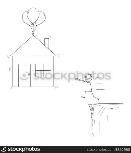 Vector cartoon stick figure drawing conceptual illustration of man trying to get mortgage and buy family house, but is not able to get it or pay it.. Vector Cartoon Illustration of Man Trying to Buy House Using Mortgage But Failing to Finance It.