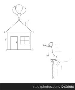 Vector cartoon stick figure drawing conceptual illustration of man trying to get mortgage and buy family house, but is not able to get it or pay it.. Vector Cartoon Illustration of Man Trying to Buy House Using Mortgage But Failing to Finance It.