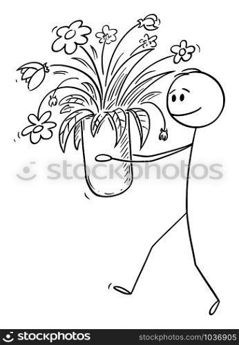 Vector cartoon stick figure drawing conceptual illustration of man walking and carrying or holding big vase of blooming flowers.. Vector Cartoon Illustration of Man Carrying or Holding Vase of Flowers