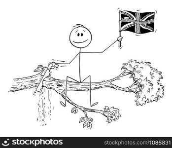 Vector cartoon stick figure drawing conceptual illustration of man waving the flag of United kingdom, and cutting with saw the tree branch on which he is sitting.. Cartoon of Man Waving the Flag of United Kingdom of Britain and Cutting the Tree Branch on Which He Is Sitting