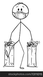 Vector cartoon stick figure drawing conceptual illustration of man wearing face mask carrying shopping bags with food from grocery shop or supermarket. Coronavirus COVID-19 epidemic concept.. Vector Cartoon Illustration of Man Wearing Face Mask Carrying Shopping Bags With of Food From Supermarket or Grocery Store