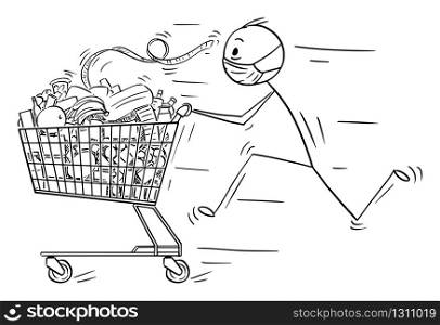 Vector cartoon stick figure drawing conceptual illustration of man wearing face mask running and pushing shopping cart with food from grocery shop or supermarket. Coronavirus COVID-19 epidemic concept.. Vector Cartoon Illustration of Man Wearing Face Mask Running and Pushing Shopping Cart With of Food From Supermarket or Grocery Store