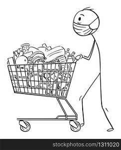 Vector cartoon stick figure drawing conceptual illustration of man wearing face mask pushing shopping cart with food from grocery shop or supermarket. Coronavirus COVID-19 epidemic concept.. Vector Cartoon Illustration of Man Wearing Face Mask Pushing Shopping Cart With of Food From Supermarket or Grocery Store