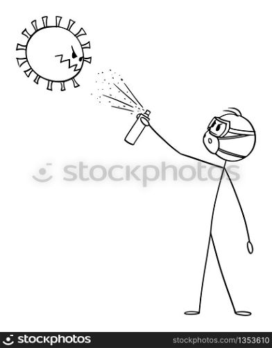 Vector cartoon stick figure drawing conceptual illustration of man wearing face mask and using disinfection on coronavirus or covid-19 virus or bacteria.. Vector Cartoon Illustration of Man Wearing Face Mask Using Disinfection on Bacteria, Coronavirus or Covid-19 Virus