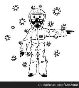 Vector cartoon stick figure drawing conceptual illustration of man wearing protective face mask and suit surrounded by coronavirus covid-19 and pointing at something.. Vector Cartoon Illustration of Man Wearing Protective Suit and Face Mask Surrounded by Coronavirus Covid-19 Pointing at Something