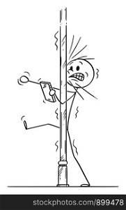 Vector cartoon stick figure drawing conceptual illustration of man who hit the pole on the street while using cellphone or mobile phone.. Vector Cartoon of Man Who Hit the Pole on the Street While Using Mobile Phone or Cellphone
