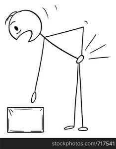 Vector cartoon stick figure drawing conceptual illustration of man who injured his back while lifting up or carry the box. Backache or back pain concept.. Vector Cartoon of Man Who Injured His Back While Lifting Up the Box
