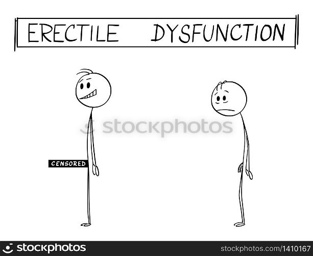 Vector cartoon stick figure drawing conceptual illustration of man with and without erectile dysfunction or impotence. Funny illustrative cartoon image.. Vector Cartoon Illustration of Man with and Without Erectile Dysfunction or Impotence. Funny Illustrative Cartoon Image.