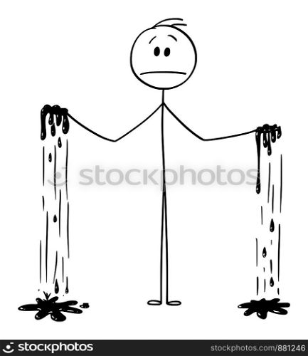 Vector cartoon stick figure drawing conceptual illustration of man with both hands dirty or grimy.. Vector Cartoon of Man with Both Hands Dirty or Grimy or Blood on Hands