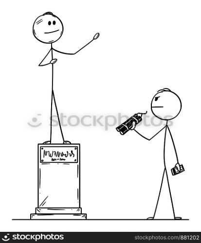 Vector cartoon stick figure drawing conceptual illustration of man with explosive or bomb who is going to destroy statue of politician.. Vector Cartoon of Man with Explosive or Bomb Who is Going to Destroy Statue of Politician.