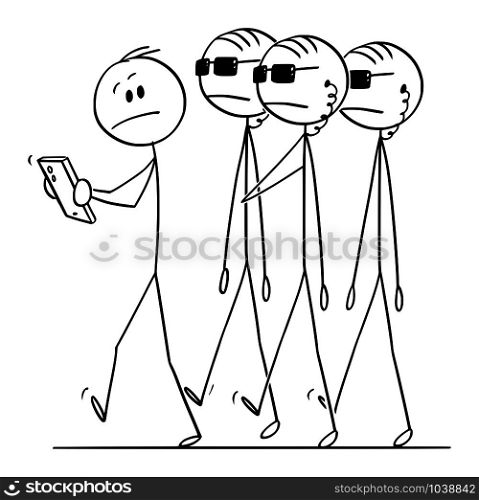Vector cartoon stick figure drawing conceptual illustration of man with mobile phone followed and controlled by government secret service agents or spies. Concept of privacy.. Vector Cartoon Illustration of Man with Mobile Phone Followed and Controlled by Secret Service Agents or Spies